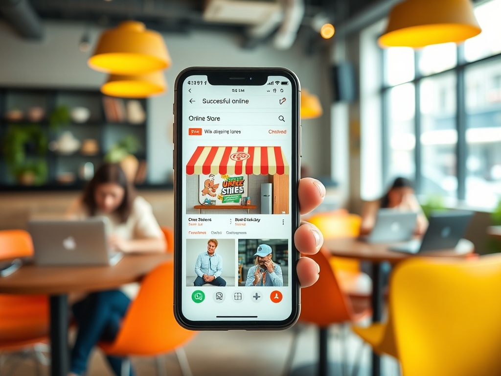 Un telefon mobil arată aplicația „Succes online” într-un café modern, cu oameni lucrând în fundal.