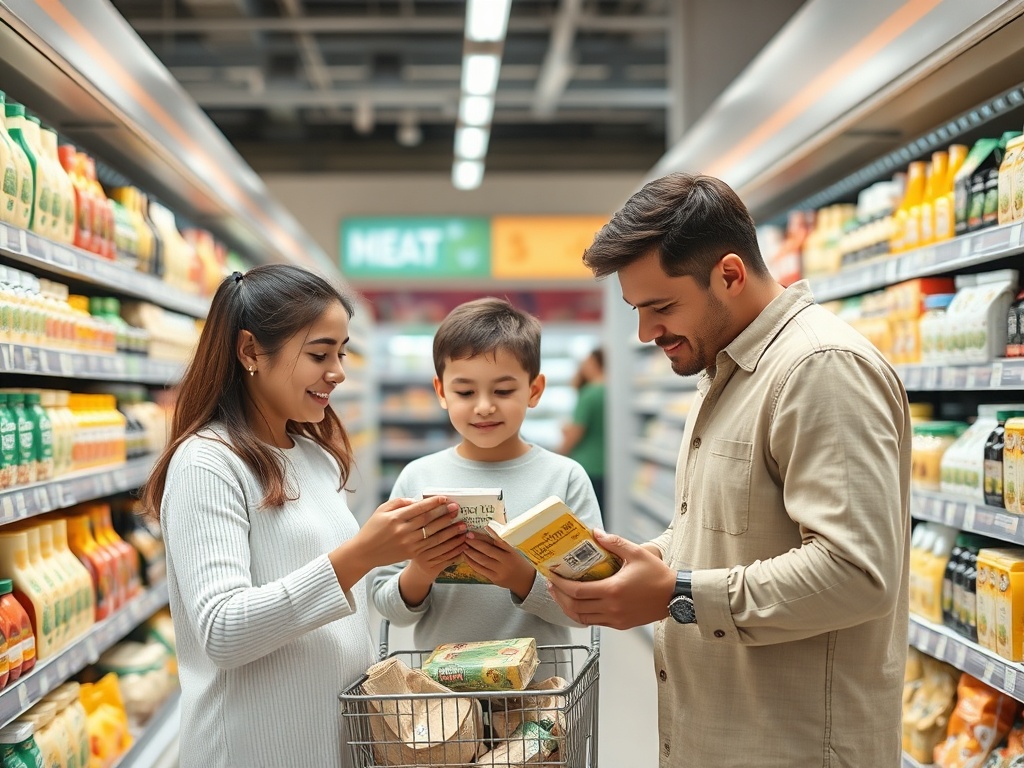 Familie bucurându-se de cumpărături la supermarket, privind produsele și discutând împreună.
